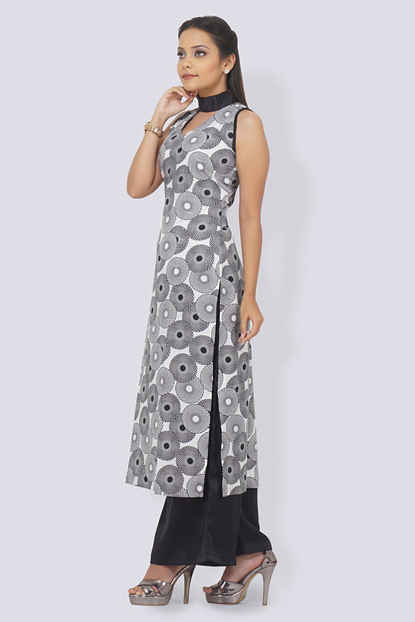 White Crepe Printed Straight Kurti