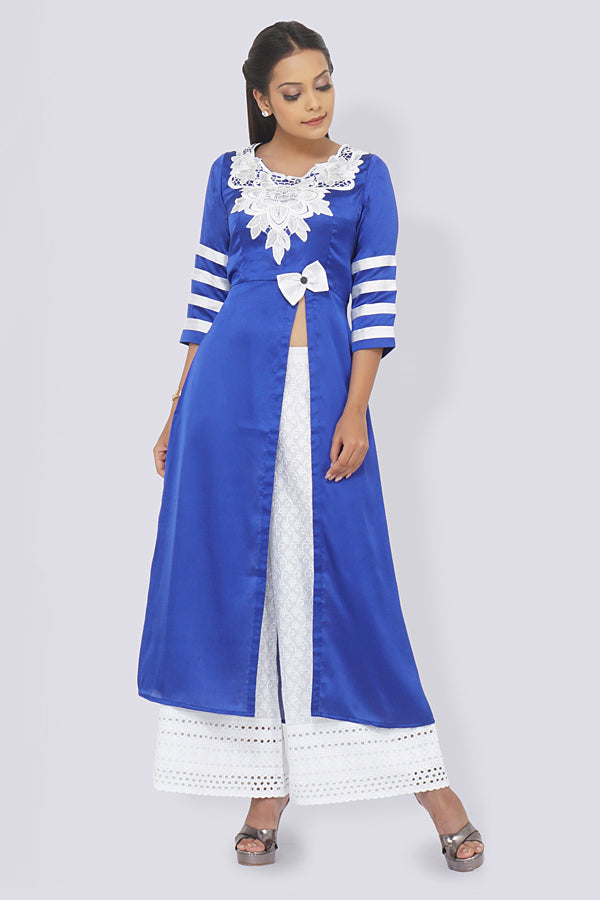 Blue Satin Patched A-Line Kurti