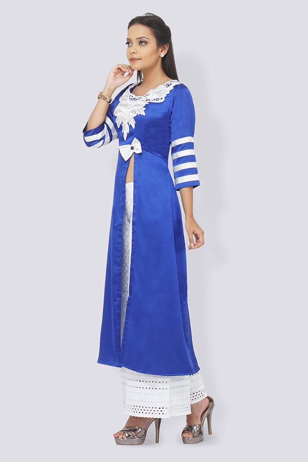 Blue Satin Patched A-Line Kurti