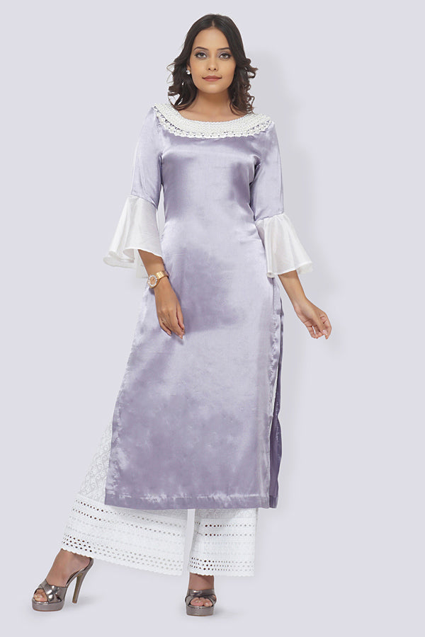 Light Purple Satin Straight Kurti Set