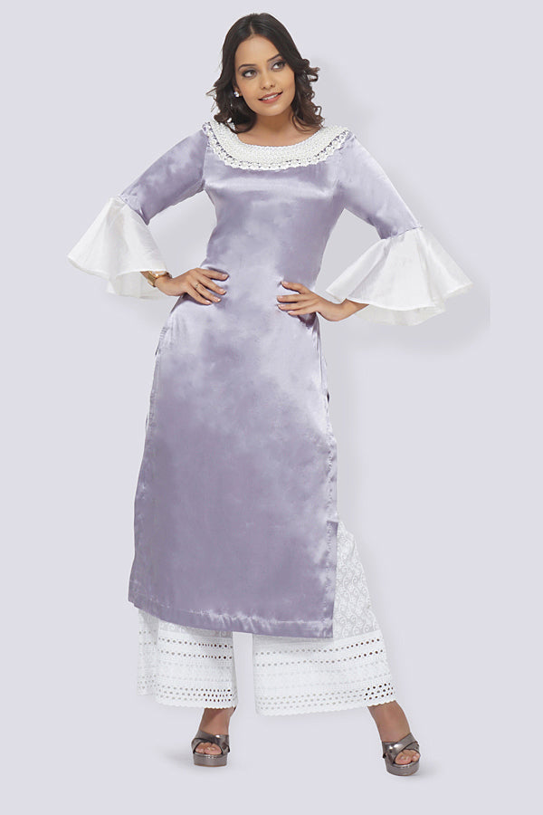 Light Purple Satin Straight Kurti Set