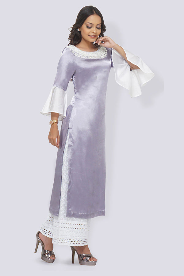 Light Purple Satin Straight Kurti Set