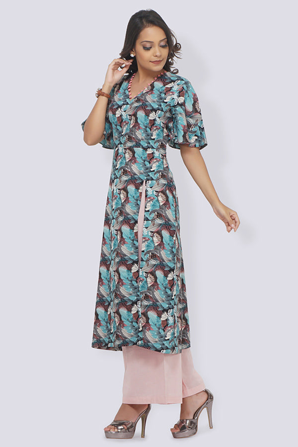 Blue Crepe Printed A-Line Kurti
