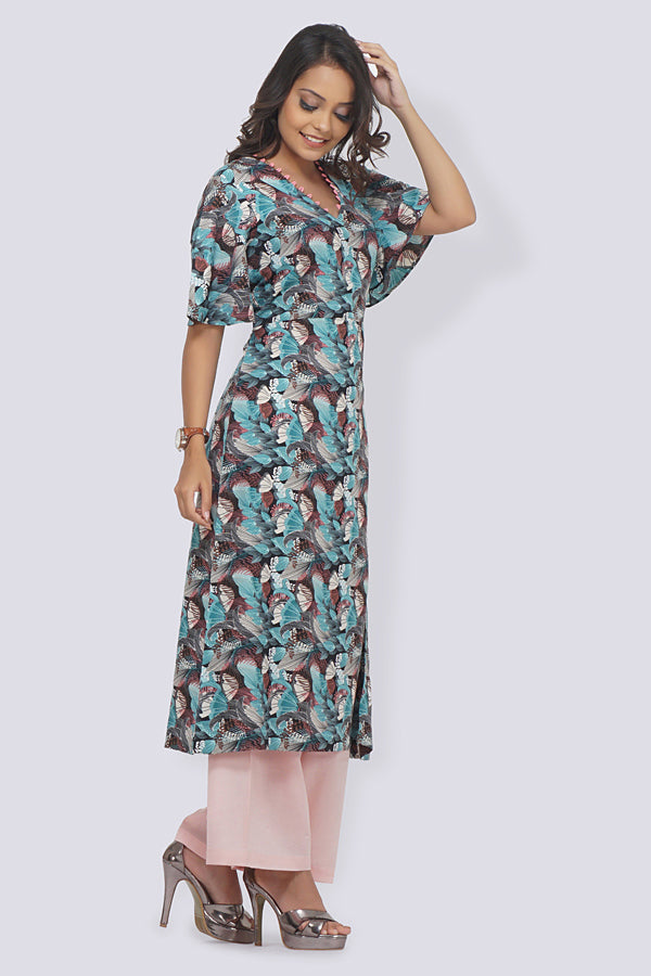 Blue Crepe Printed A-Line Kurti