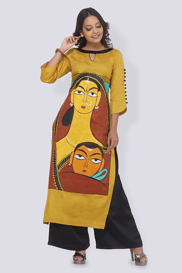 Mustard Cotton Hand-Painted Straight Kurti