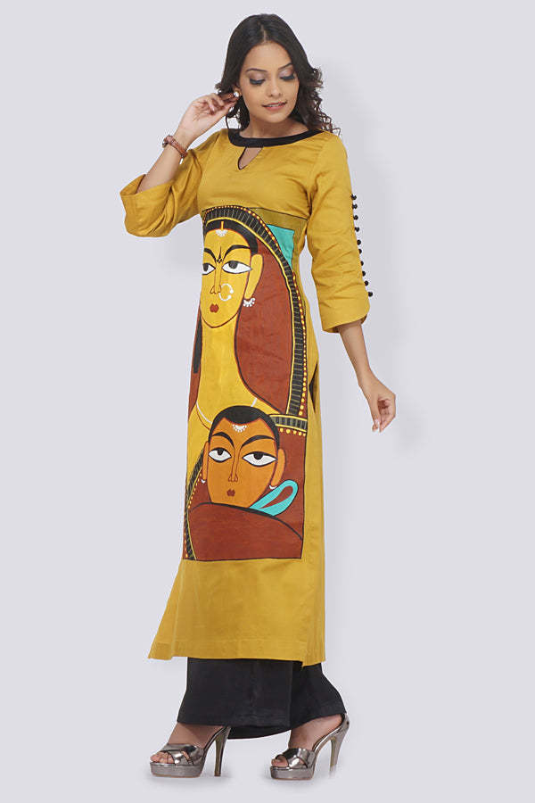 Mustard Cotton Hand-Painted Straight Kurti