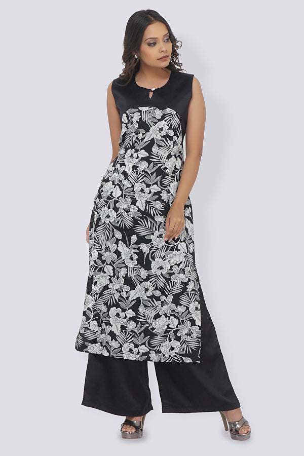 Black Crepe Printed Straight Kurti