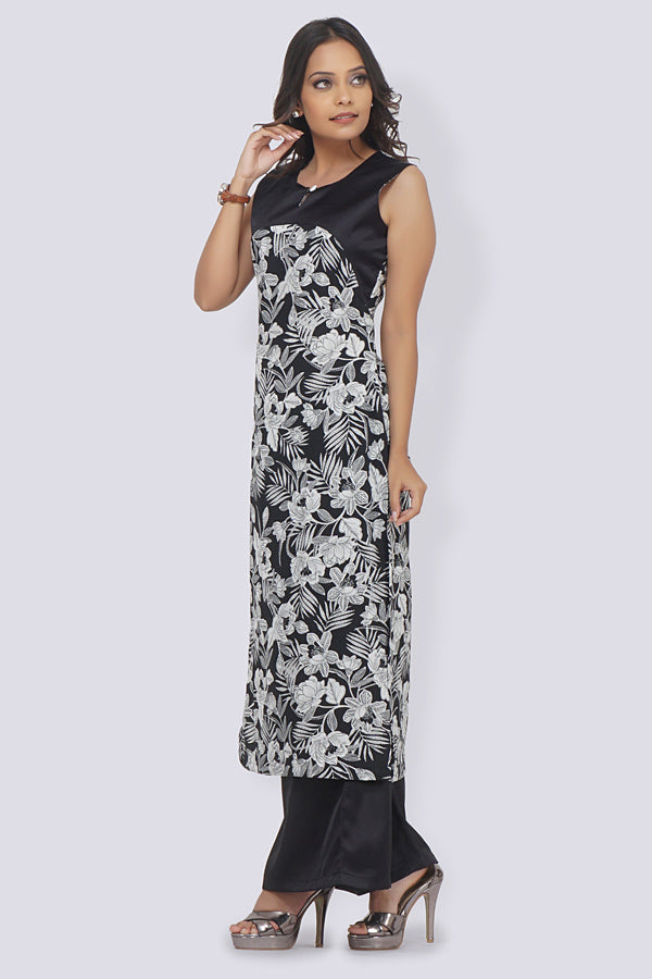 Black Crepe Printed Straight Kurti