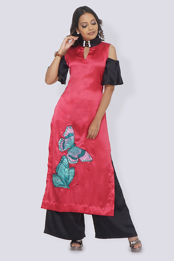 Pink Satin Patched Straight Kurti