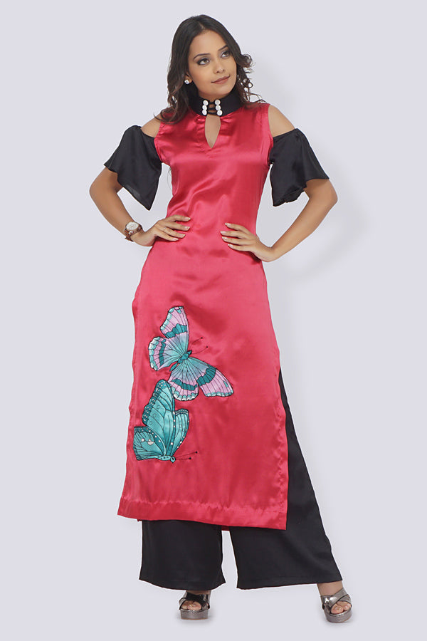 Pink Satin Patched Straight Kurti