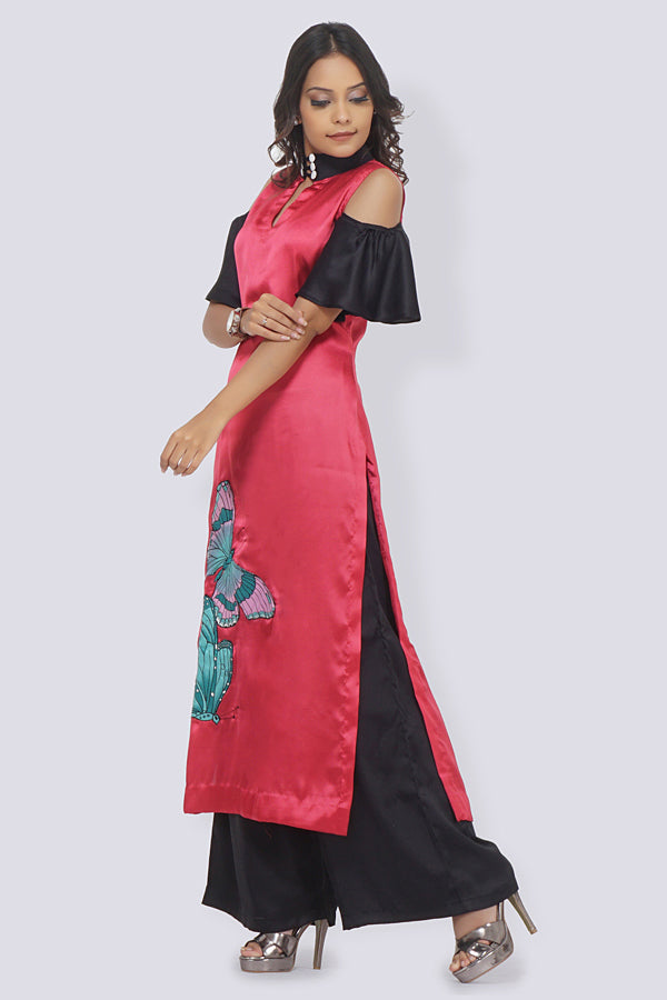 Pink Satin Patched Straight Kurti