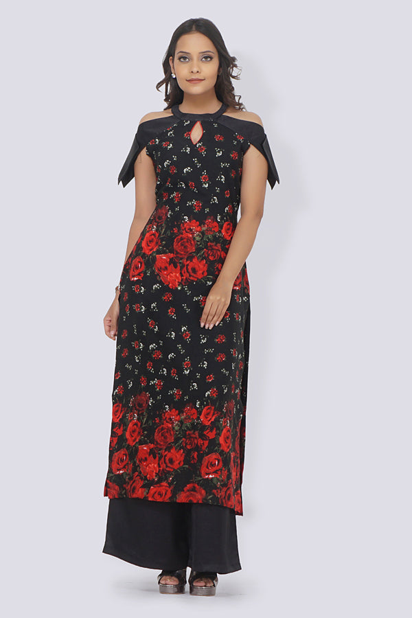 Black Crepe Printed Straight Kurti