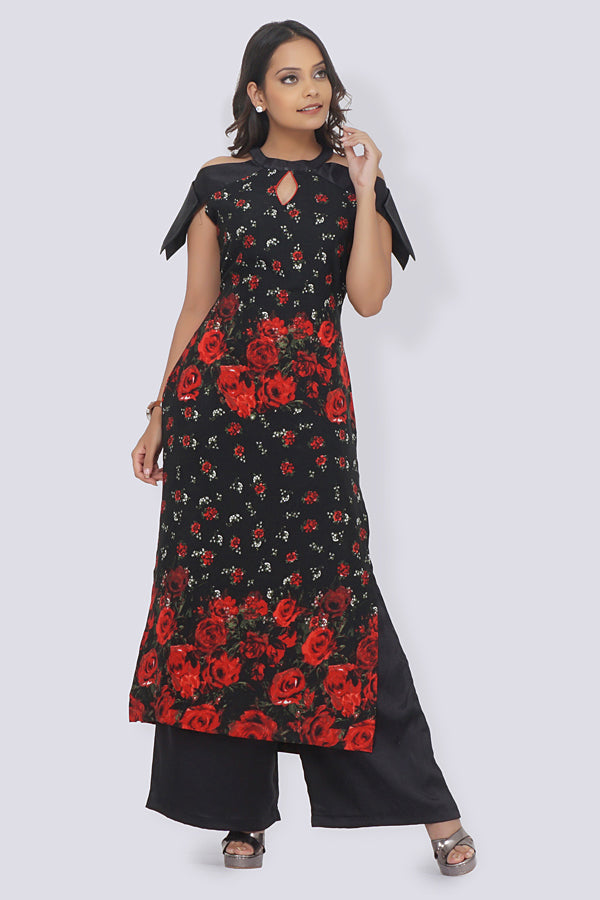 Black Crepe Printed Straight Kurti