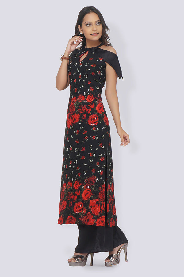 Black Crepe Printed Straight Kurti