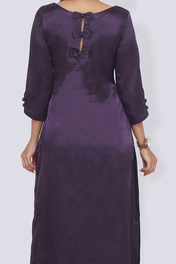 Purple Satin Embroidered Straight Kurti Set