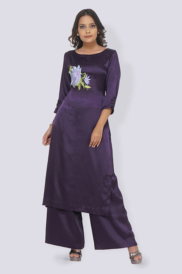 Purple Satin Embroidered Straight Kurti Set