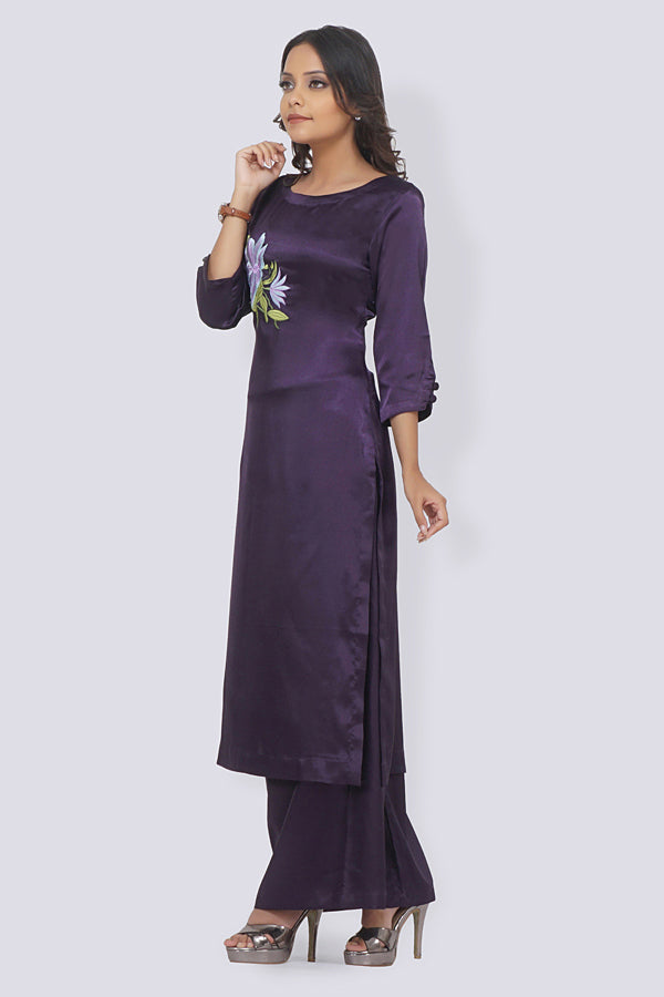 Purple Satin Embroidered Straight Kurti Set