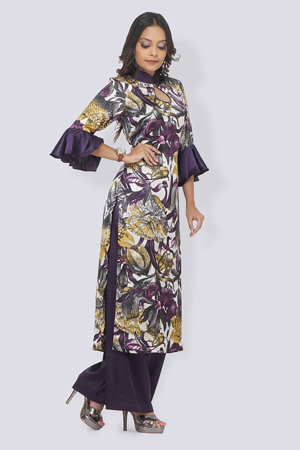 Purple Printed Satin Straight Kurti Set