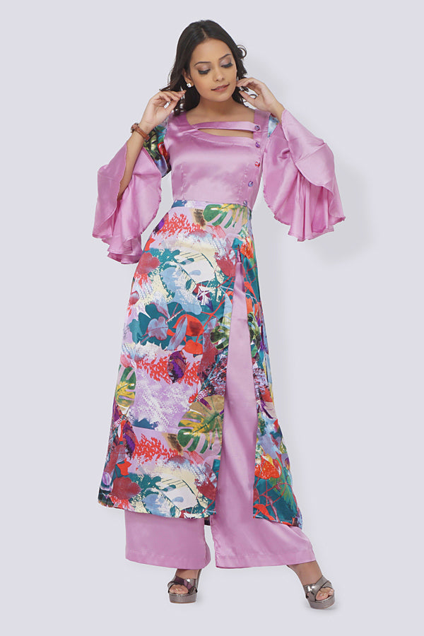 Light Purple Satin Printed A- Line Kurti Set