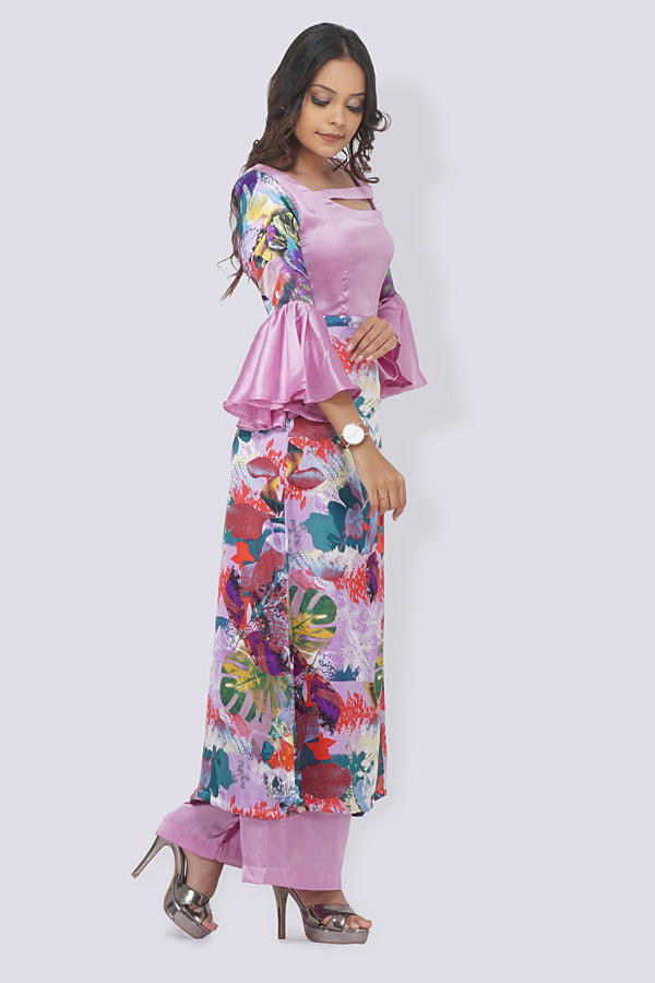 Light Purple Satin Printed A- Line Kurti Set