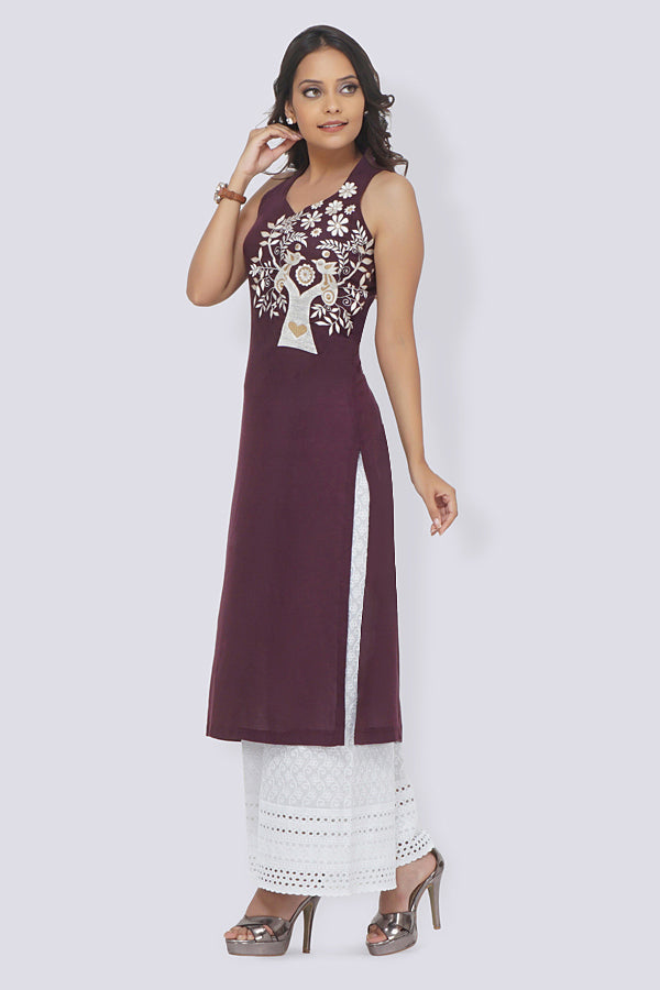 Wine Modal Rayon Embroidered Straight Kurti