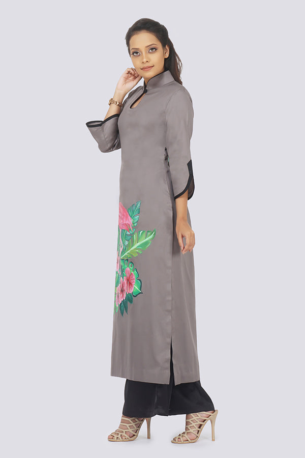 Grey Cotton Hand-Painted Straight Kurti