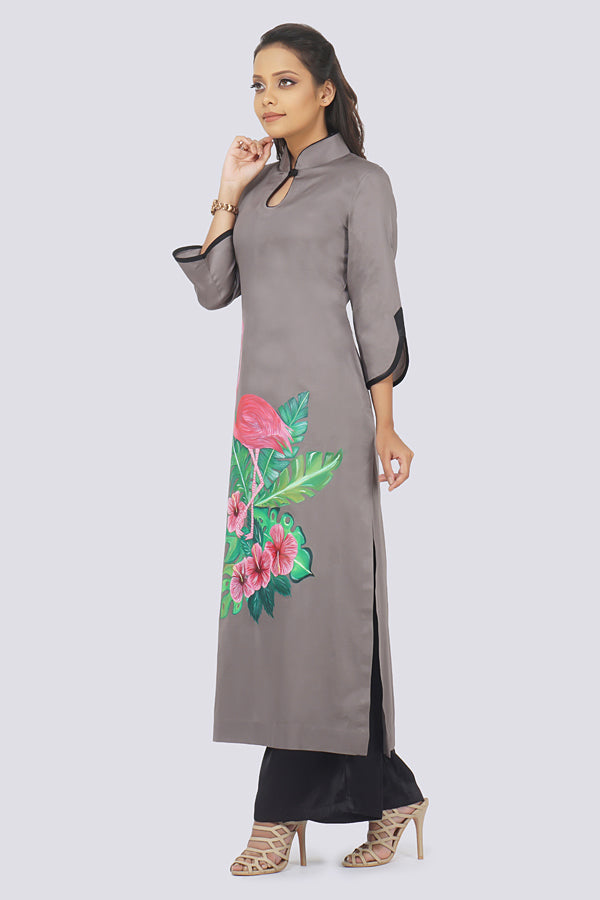 Grey Cotton Hand-Painted Straight Kurti