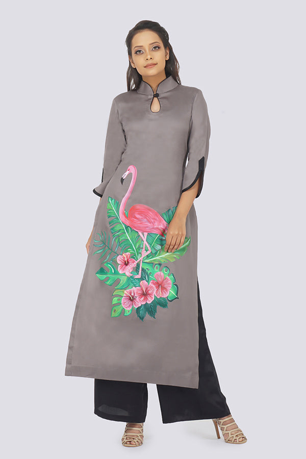 Grey Cotton Hand-Painted Straight Kurti