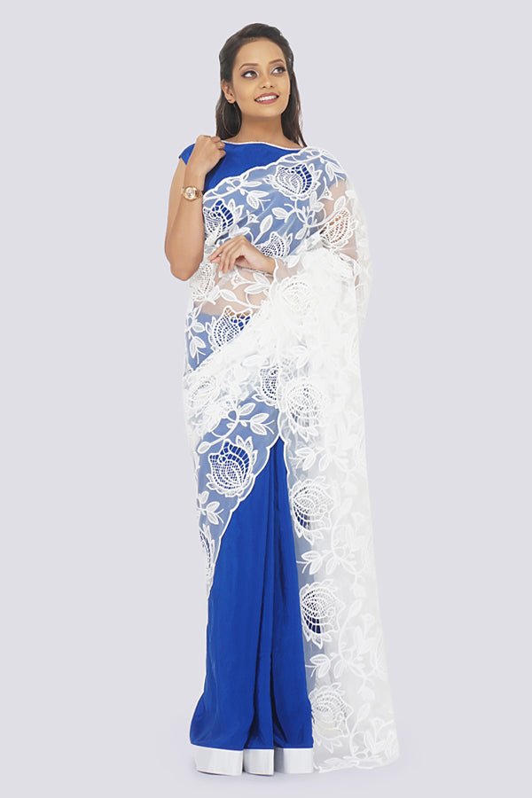 Blue &amp; White Pure Crepe Net Saree