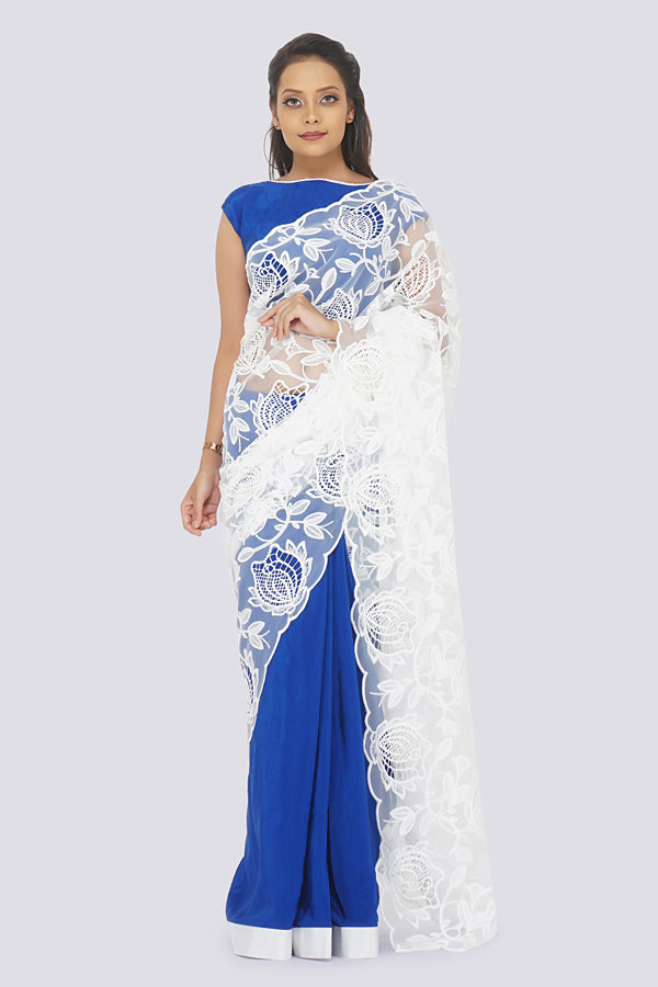 Blue &amp; White Pure Crepe Net Saree