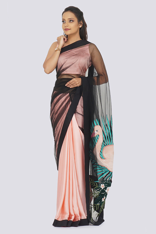 Pastel Peach Satin Embroidered Saree