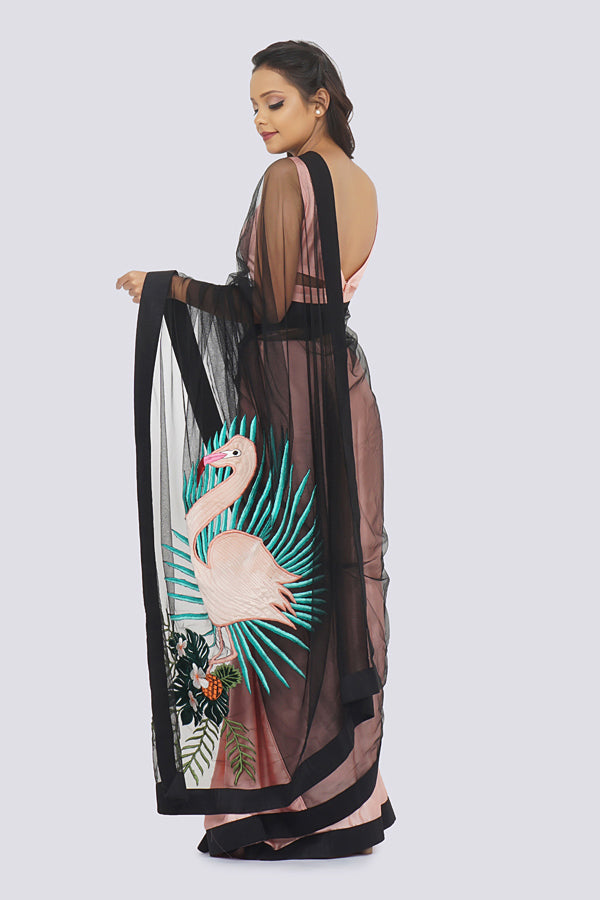 Pastel Peach Satin Embroidered Saree