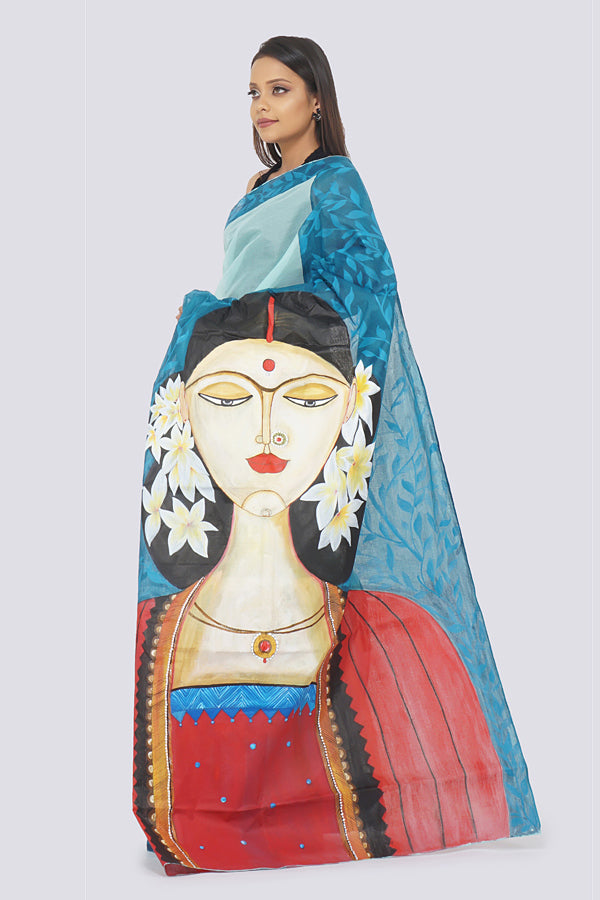 Sky Blue Organdy Handpainted Saree