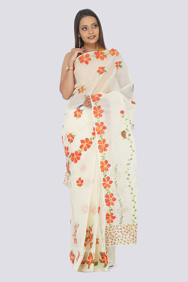 Light Cream Organdy Handpainted  Saree