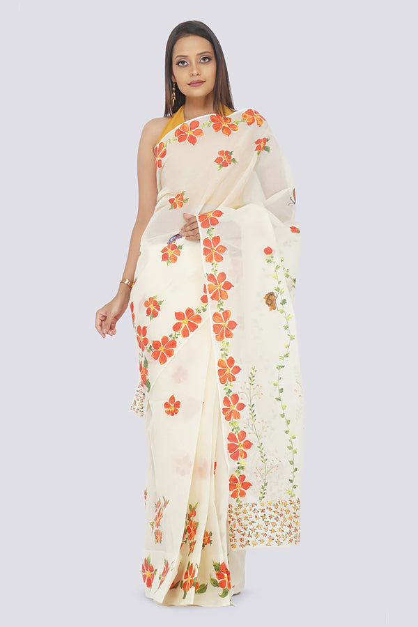 Light Cream Organdy Handpainted  Saree