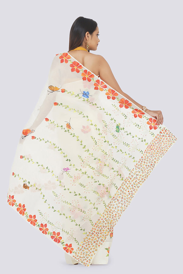 Light Cream Organdy Handpainted  Saree
