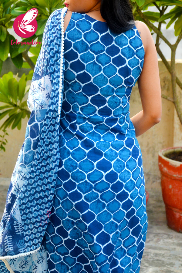 Indigo Blue Cambric Cotton Kurti with White Cotton Full Lining Chikankari Palazzo and Indigo Blue Pure Cotton Dupatta Kurti Set