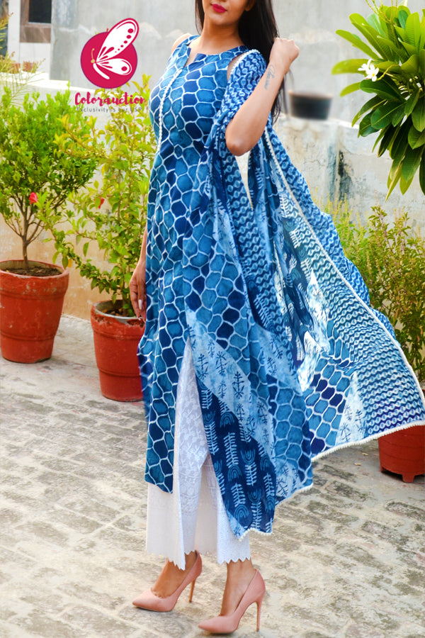 Indigo Blue Cambric Cotton Kurti with White Cotton Full Lining Chikankari Palazzo and Indigo Blue Pure Cotton Dupatta Kurti Set