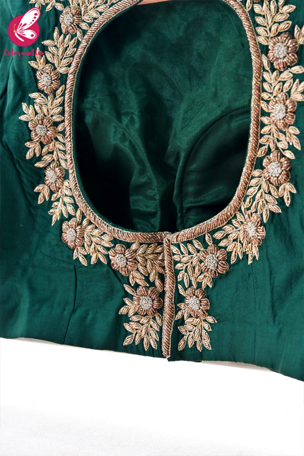 Emerald Green Padded Pure Silk Dabka Zardosi Blouse