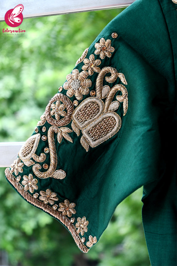 Emerald Green Padded Pure Silk Dabka Zardosi Blouse