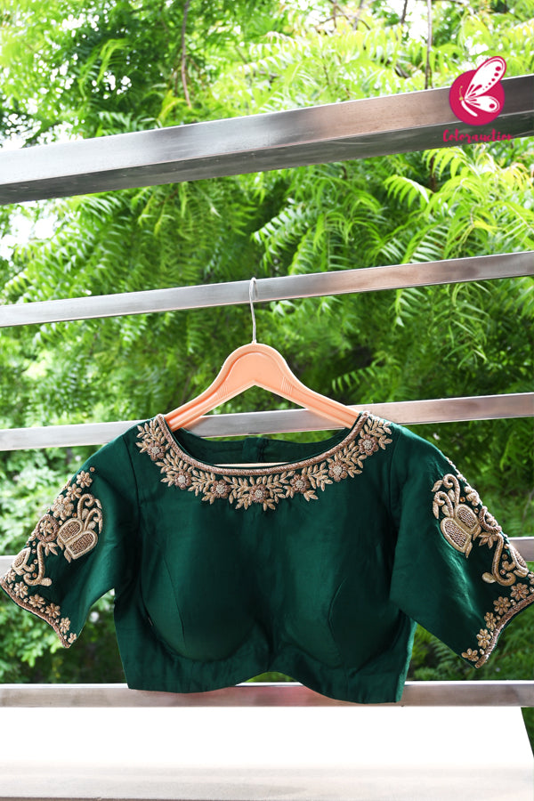Emerald Green Padded Pure Silk Dabka Zardosi Blouse
