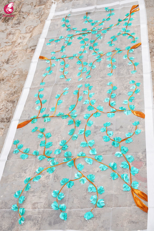 White Organza Green Floral Hand painted Stole