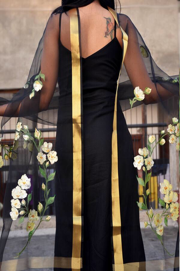 Black Organza Floral Hand Painted Stole