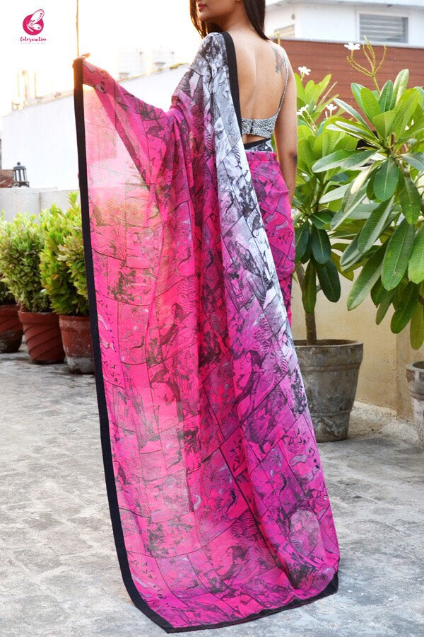 Grey and Pink Printed Georgette Saree