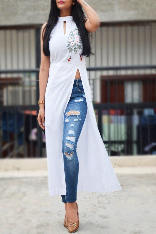 White Linen Embroidered A-Line Kurti