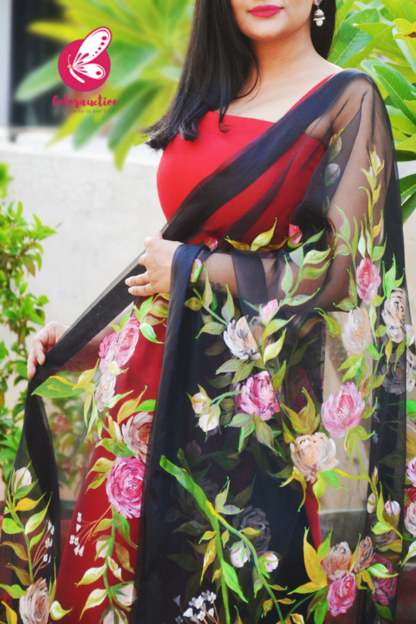Black Organza Multicoloured Floral Hand painted Stole