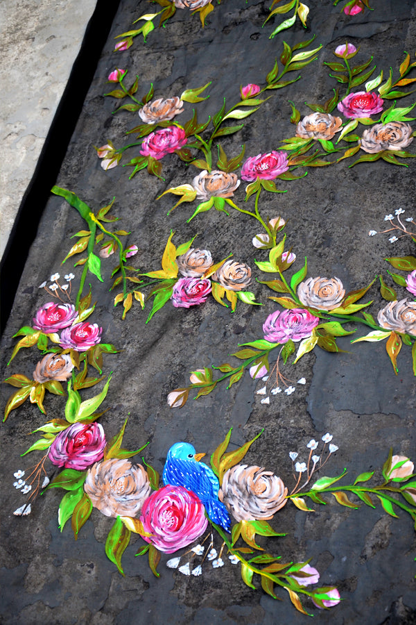 Black Organza Multicoloured Floral Hand painted Stole
