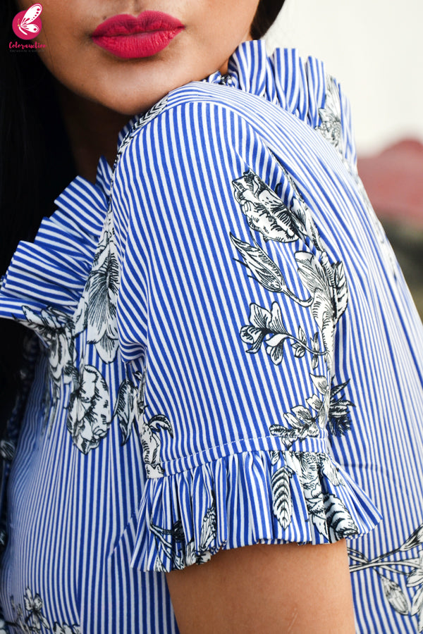 Blue Crepe Stripes Front Slit Kurti