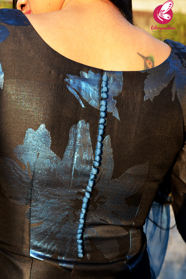 Black &amp; Blue Silk Brocade Keyhole Neckline Quater Sleeves Padded Kurti with Black Pintucks Shantoon Pants and Blue Net Black Lace Stole