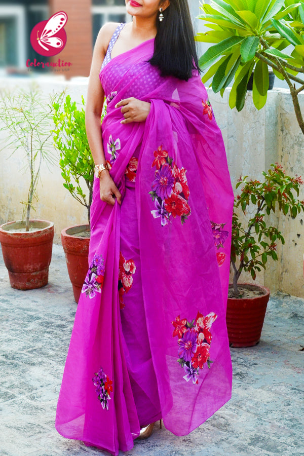 Fushia Pink Organdy Applique Floral Saree